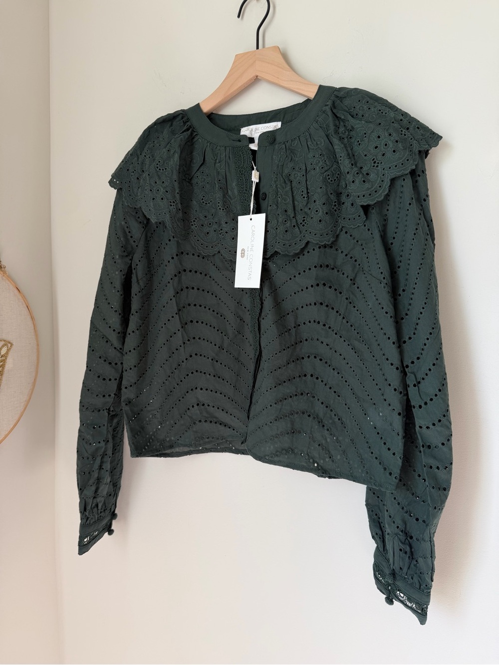Caroline Constas Dark Green Eyelet Ruffle Collar long sleeve cotton Blouse
